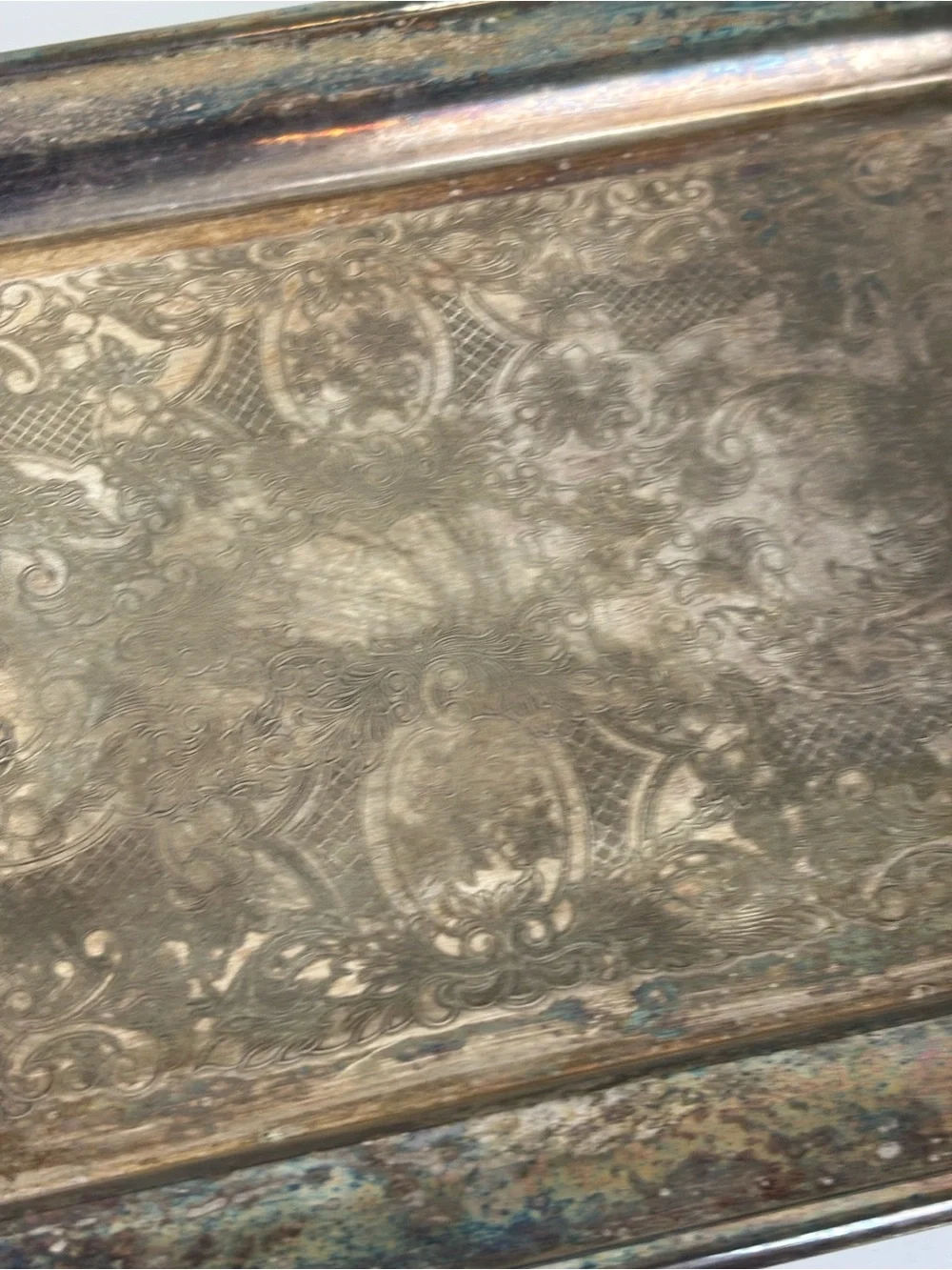 Vintage Ornate Decorative Serving Tray in Distressed Silver Tone
